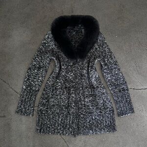Dana Buchman Black and White Knit Cardigan with Fox Fur